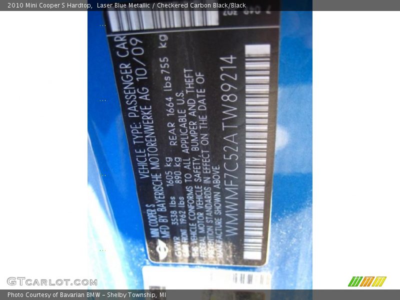 Laser Blue Metallic / Checkered Carbon Black/Black 2010 Mini Cooper S Hardtop