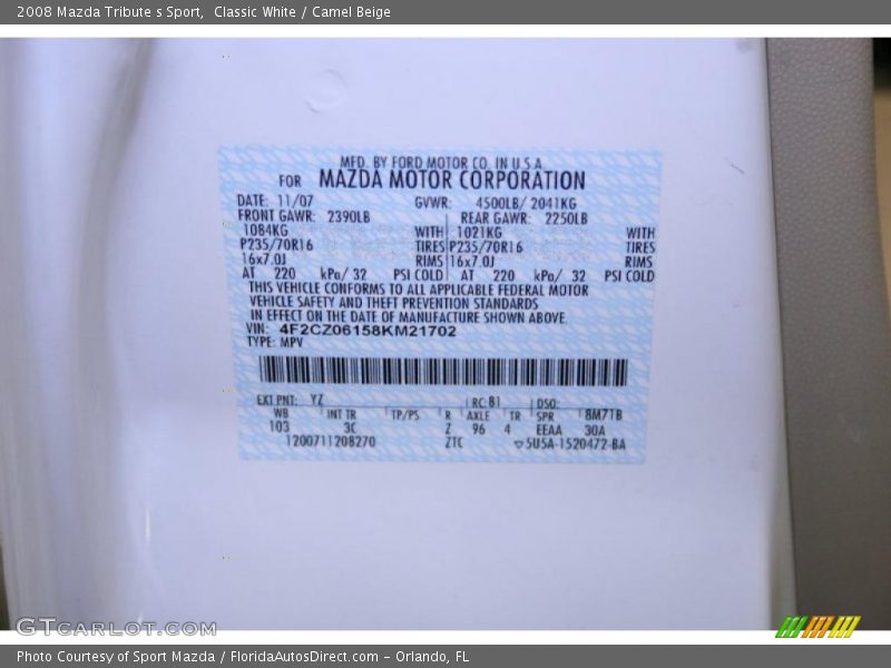 Classic White / Camel Beige 2008 Mazda Tribute s Sport