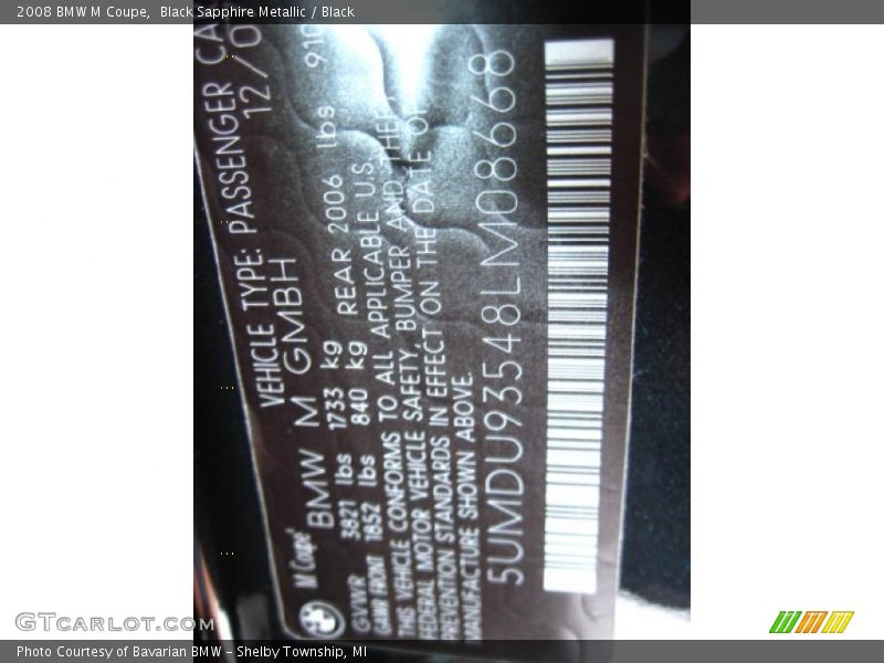 Black Sapphire Metallic / Black 2008 BMW M Coupe