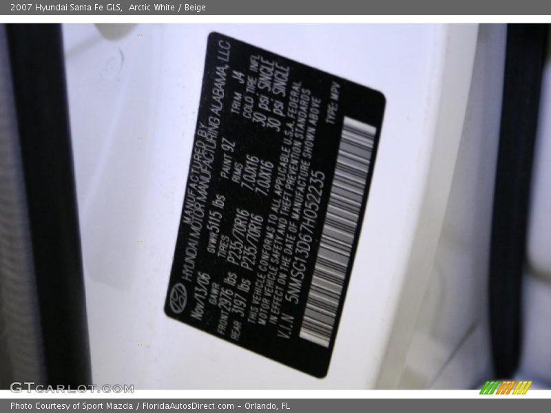 Arctic White / Beige 2007 Hyundai Santa Fe GLS