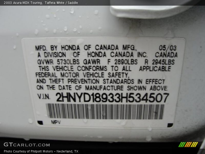 Taffeta White / Saddle 2003 Acura MDX Touring