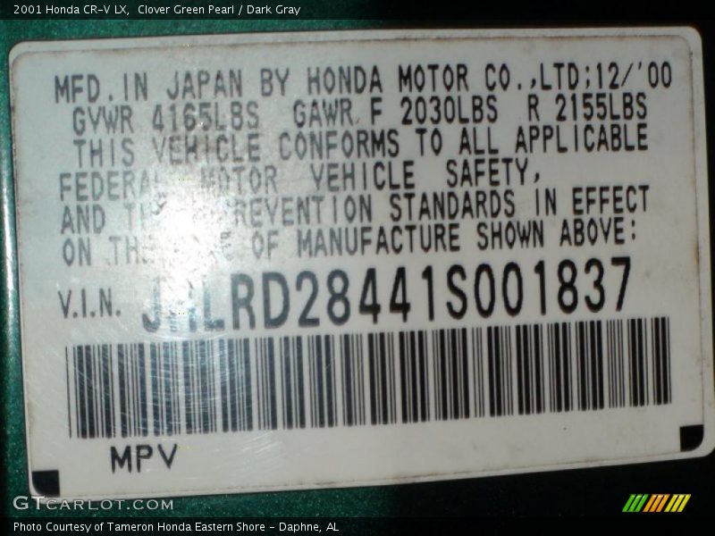 Clover Green Pearl / Dark Gray 2001 Honda CR-V LX