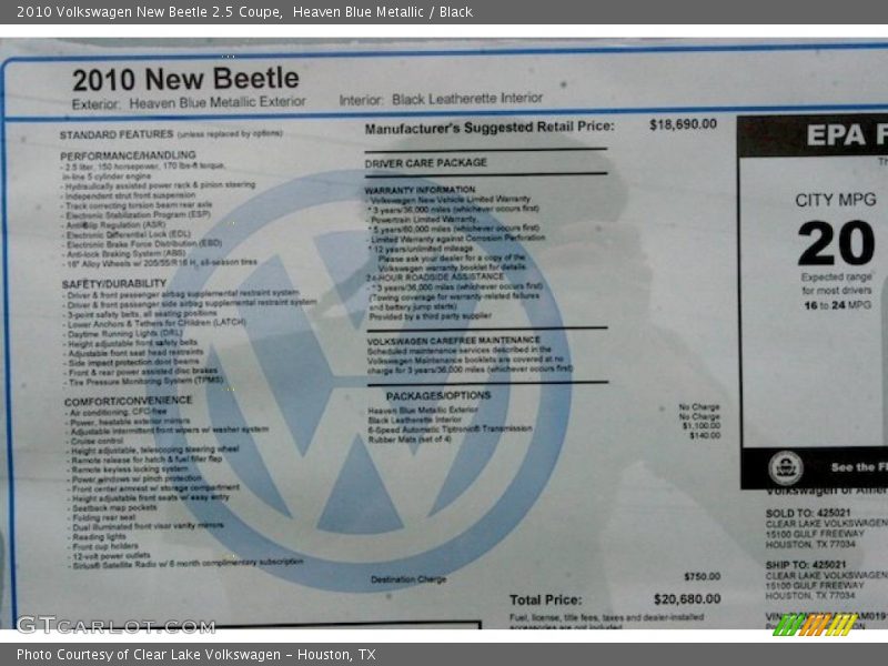 Heaven Blue Metallic / Black 2010 Volkswagen New Beetle 2.5 Coupe