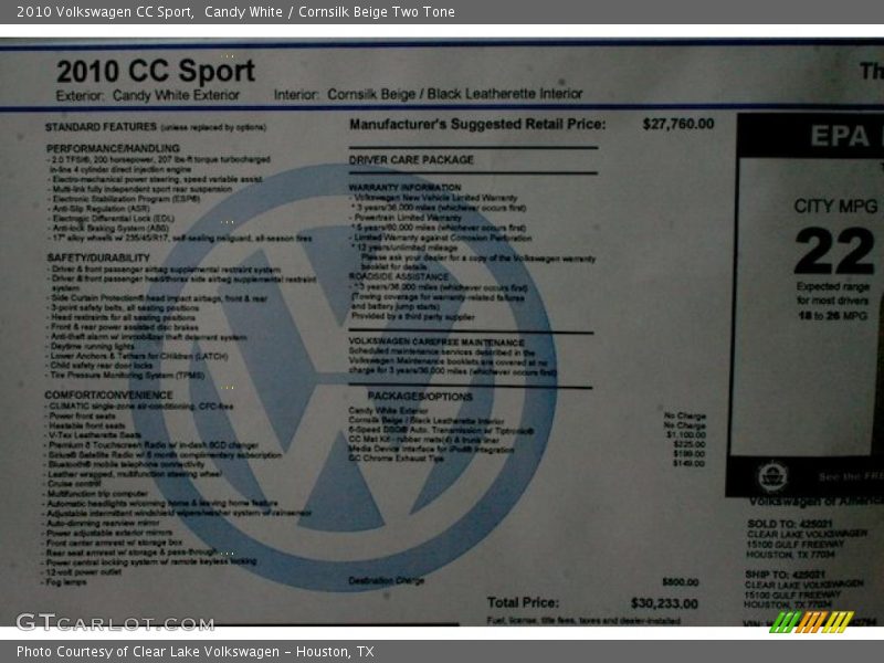 Candy White / Cornsilk Beige Two Tone 2010 Volkswagen CC Sport