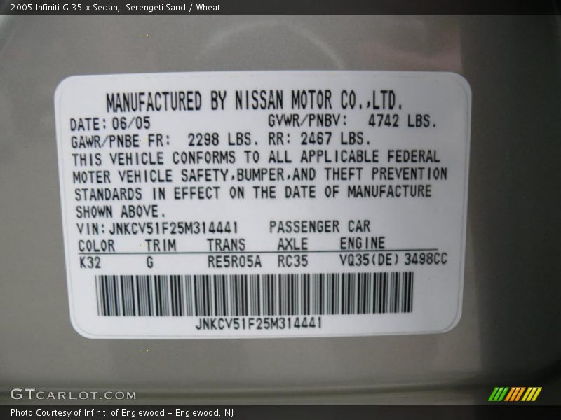 Serengeti Sand / Wheat 2005 Infiniti G 35 x Sedan