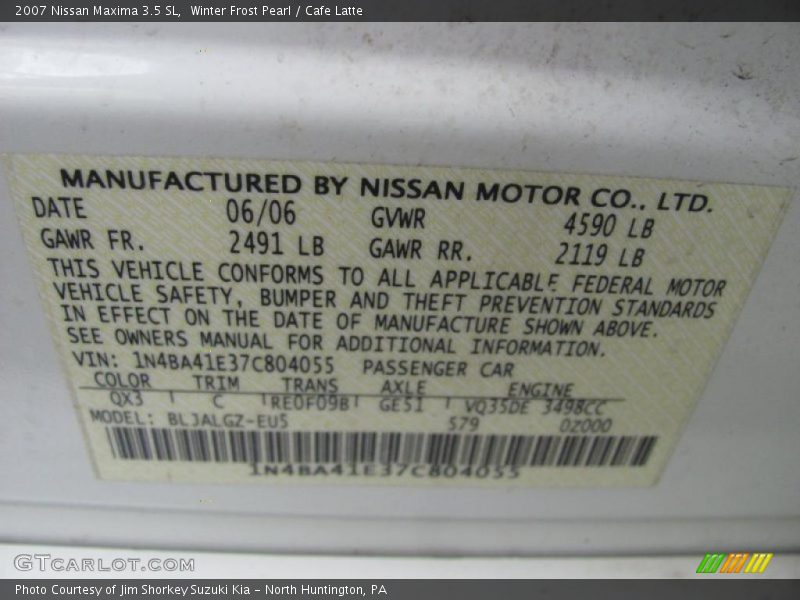 Winter Frost Pearl / Cafe Latte 2007 Nissan Maxima 3.5 SL