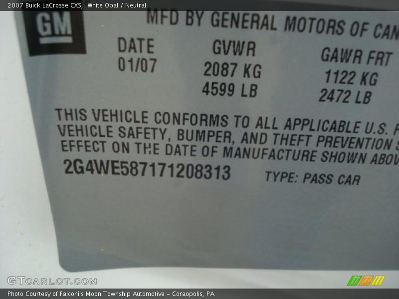 White Opal / Neutral 2007 Buick LaCrosse CXS