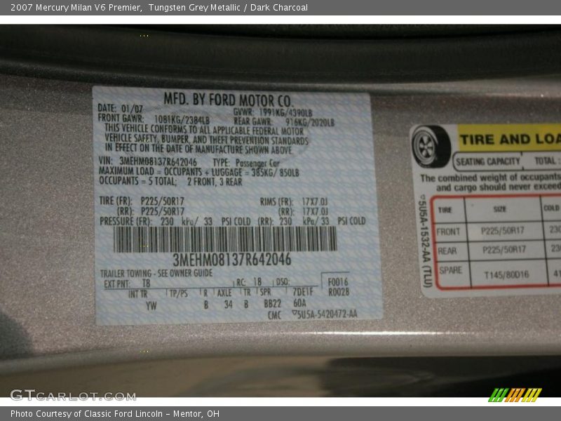 Tungsten Grey Metallic / Dark Charcoal 2007 Mercury Milan V6 Premier