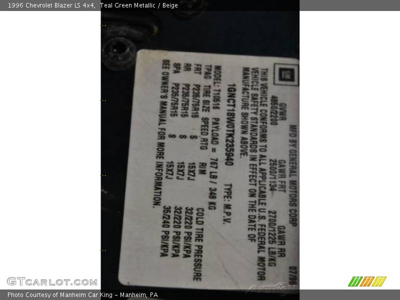 Teal Green Metallic / Beige 1996 Chevrolet Blazer LS 4x4