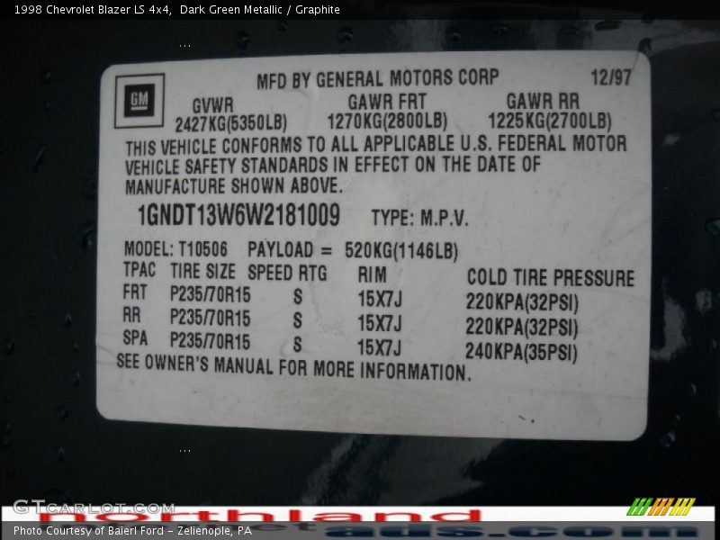 Dark Green Metallic / Graphite 1998 Chevrolet Blazer LS 4x4