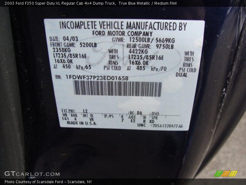 True Blue Metallic / Medium Flint 2003 Ford F350 Super Duty XL Regular Cab 4x4 Dump Truck