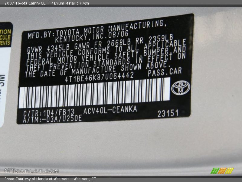 Titanium Metallic / Ash 2007 Toyota Camry CE