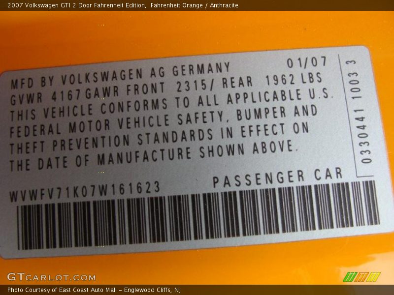 Fahrenheit Orange / Anthracite 2007 Volkswagen GTI 2 Door Fahrenheit Edition