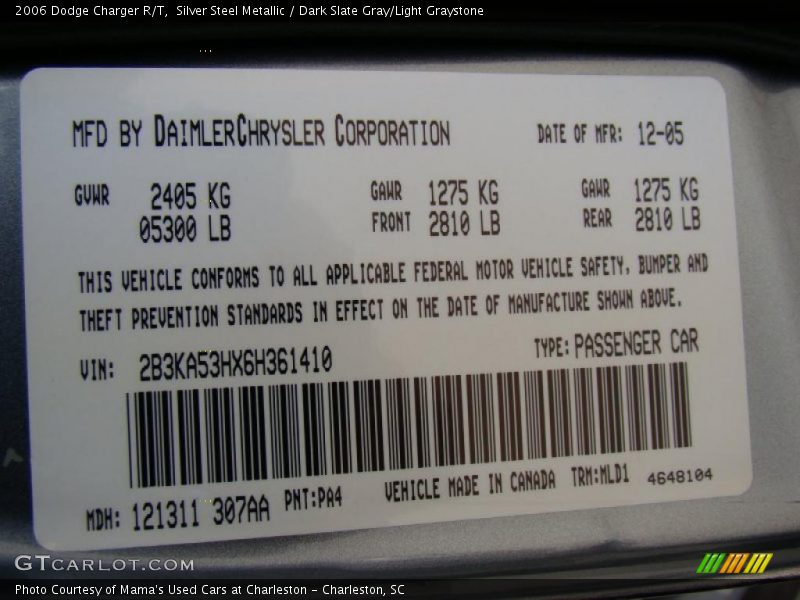 Silver Steel Metallic / Dark Slate Gray/Light Graystone 2006 Dodge Charger R/T