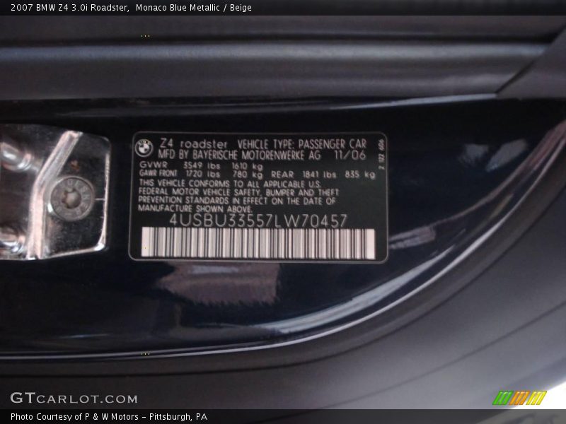 Monaco Blue Metallic / Beige 2007 BMW Z4 3.0i Roadster