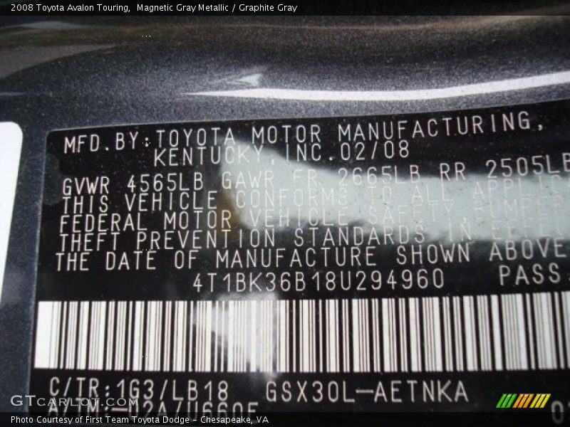 Magnetic Gray Metallic / Graphite Gray 2008 Toyota Avalon Touring