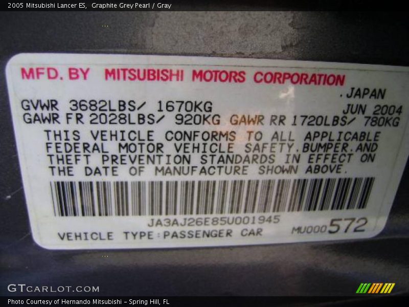 Graphite Grey Pearl / Gray 2005 Mitsubishi Lancer ES
