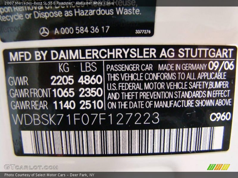 Alabaster White / Java 2007 Mercedes-Benz SL 550 Roadster