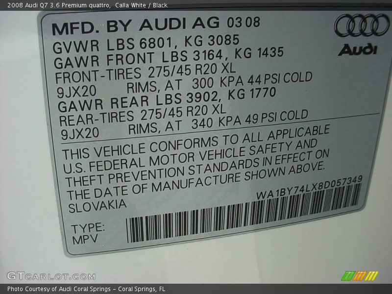 Calla White / Black 2008 Audi Q7 3.6 Premium quattro