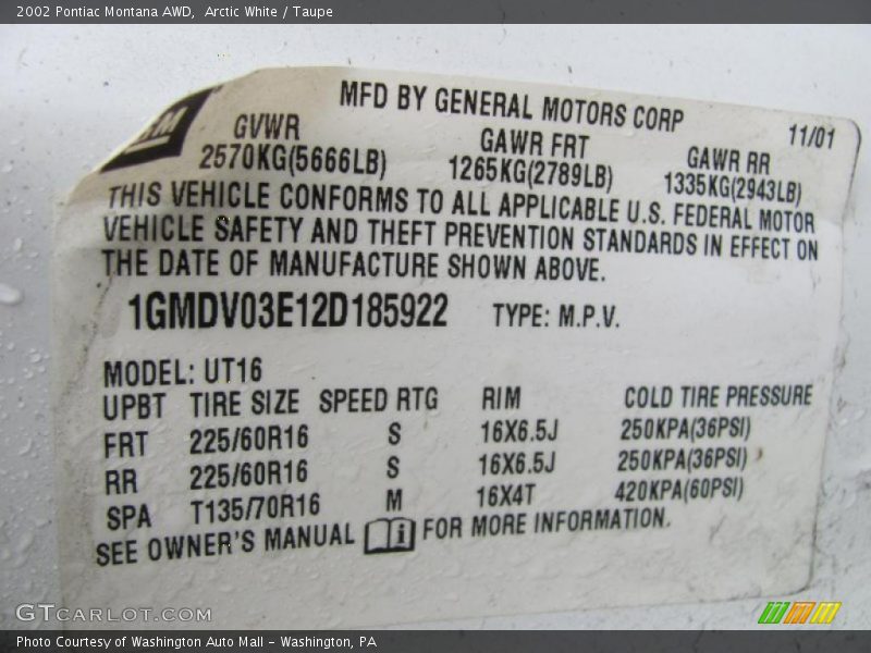 Arctic White / Taupe 2002 Pontiac Montana AWD