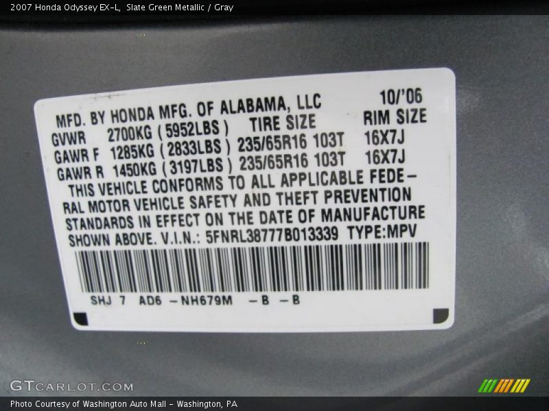 Slate Green Metallic / Gray 2007 Honda Odyssey EX-L