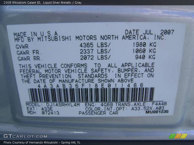 Liquid Silver Metallic / Gray 2008 Mitsubishi Galant ES