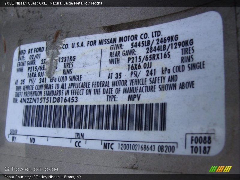 Natural Beige Metallic / Mocha 2001 Nissan Quest GXE