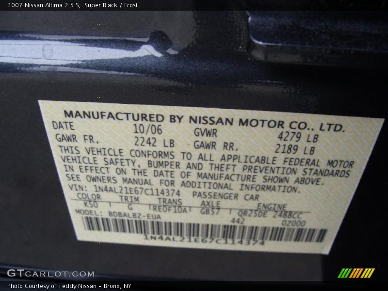 Super Black / Frost 2007 Nissan Altima 2.5 S