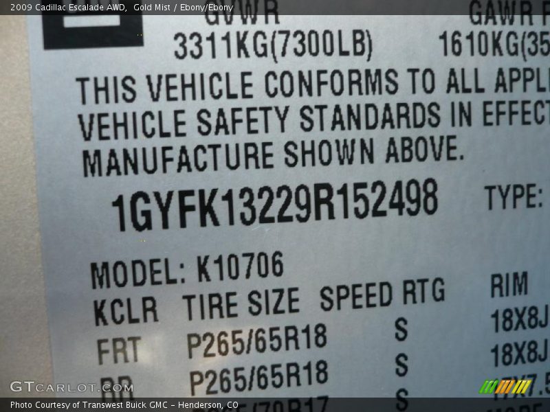 Gold Mist / Ebony/Ebony 2009 Cadillac Escalade AWD