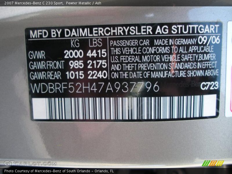 Pewter Metallic / Ash 2007 Mercedes-Benz C 230 Sport