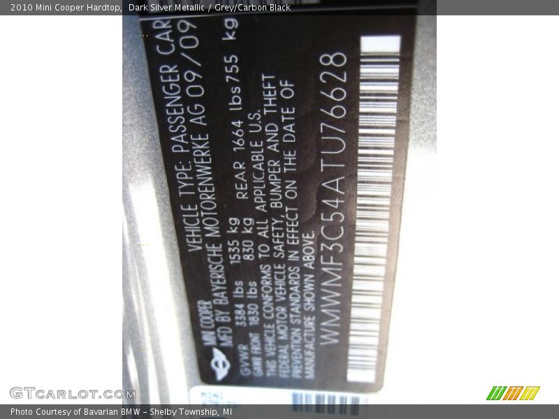 Dark Silver Metallic / Grey/Carbon Black 2010 Mini Cooper Hardtop