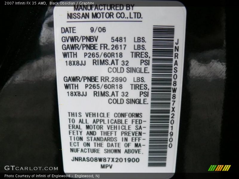 Black Obsidian / Graphite 2007 Infiniti FX 35 AWD