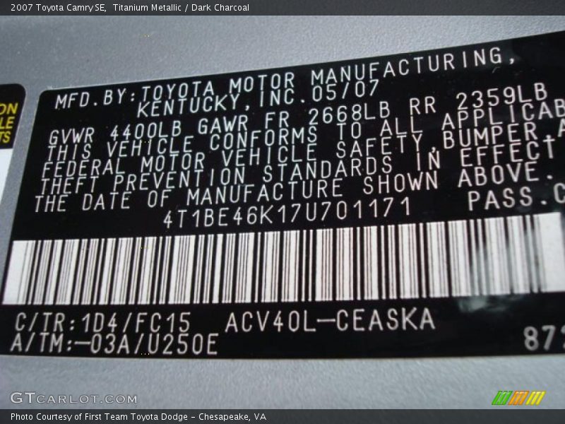 Titanium Metallic / Dark Charcoal 2007 Toyota Camry SE