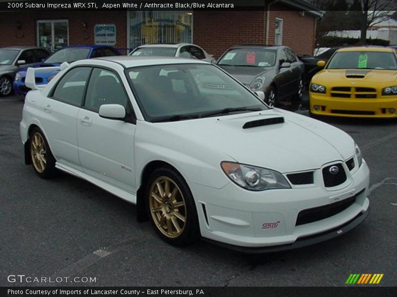 Aspen White / Anthracite Black/Blue Alcantara 2006 Subaru Impreza WRX STi