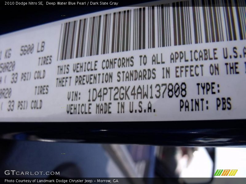 Deep Water Blue Pearl / Dark Slate Gray 2010 Dodge Nitro SE