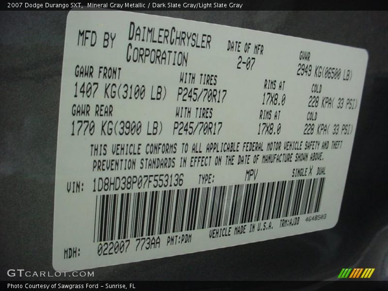 Mineral Gray Metallic / Dark Slate Gray/Light Slate Gray 2007 Dodge Durango SXT
