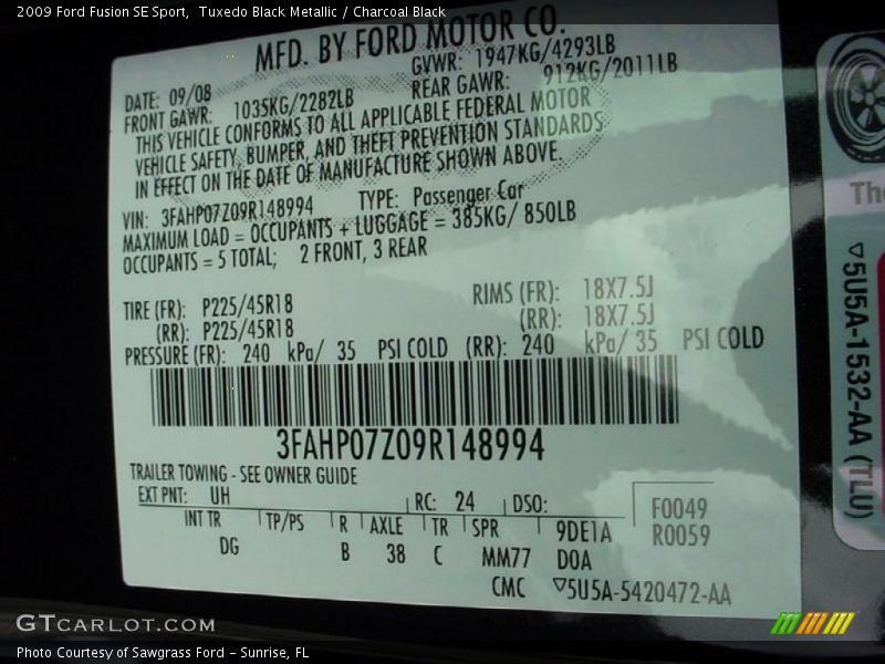 Tuxedo Black Metallic / Charcoal Black 2009 Ford Fusion SE Sport