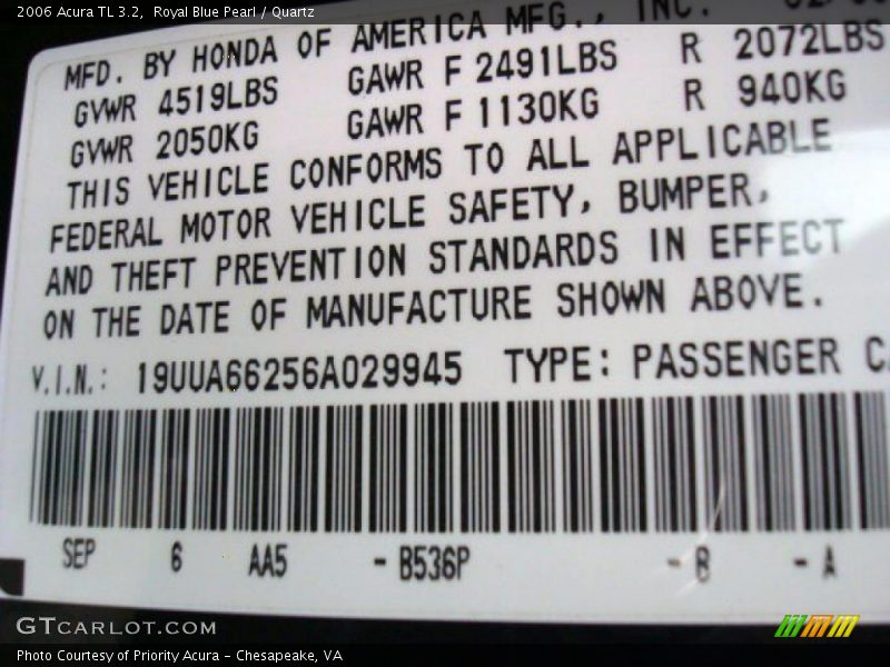 Royal Blue Pearl / Quartz 2006 Acura TL 3.2