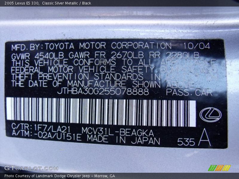 Classic Silver Metallic / Black 2005 Lexus ES 330