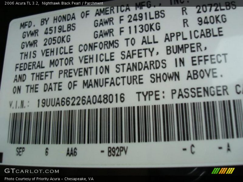 Nighthawk Black Pearl / Parchment 2006 Acura TL 3.2