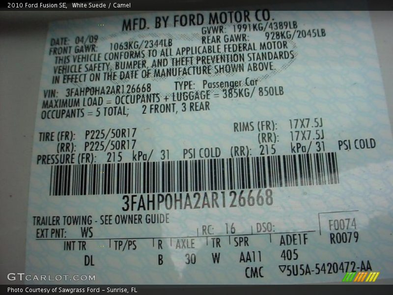 White Suede / Camel 2010 Ford Fusion SE