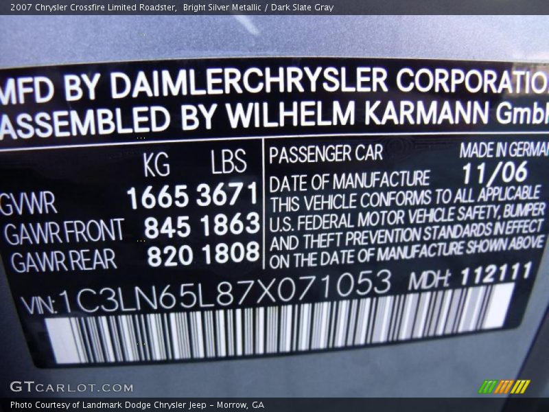 Bright Silver Metallic / Dark Slate Gray 2007 Chrysler Crossfire Limited Roadster