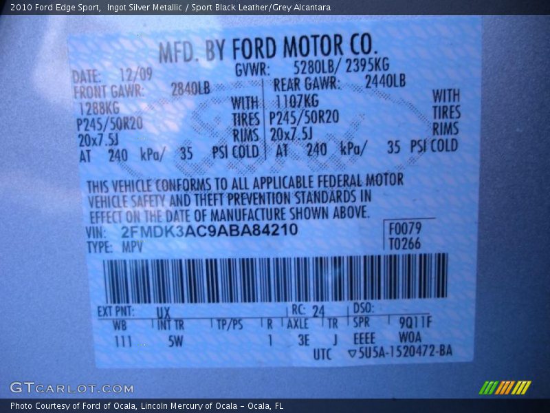 Ingot Silver Metallic / Sport Black Leather/Grey Alcantara 2010 Ford Edge Sport