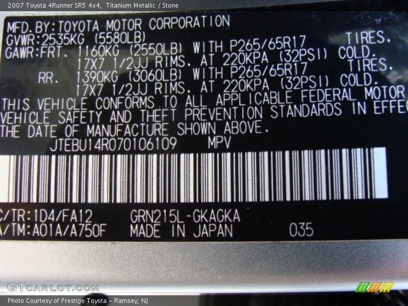 Titanium Metallic / Stone 2007 Toyota 4Runner SR5 4x4