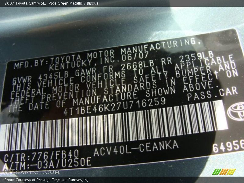 Aloe Green Metallic / Bisque 2007 Toyota Camry SE