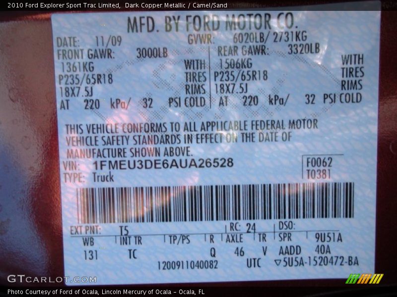 Dark Copper Metallic / Camel/Sand 2010 Ford Explorer Sport Trac Limited