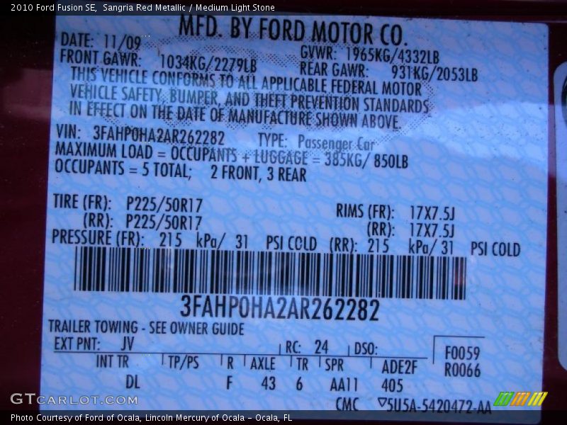 Sangria Red Metallic / Medium Light Stone 2010 Ford Fusion SE