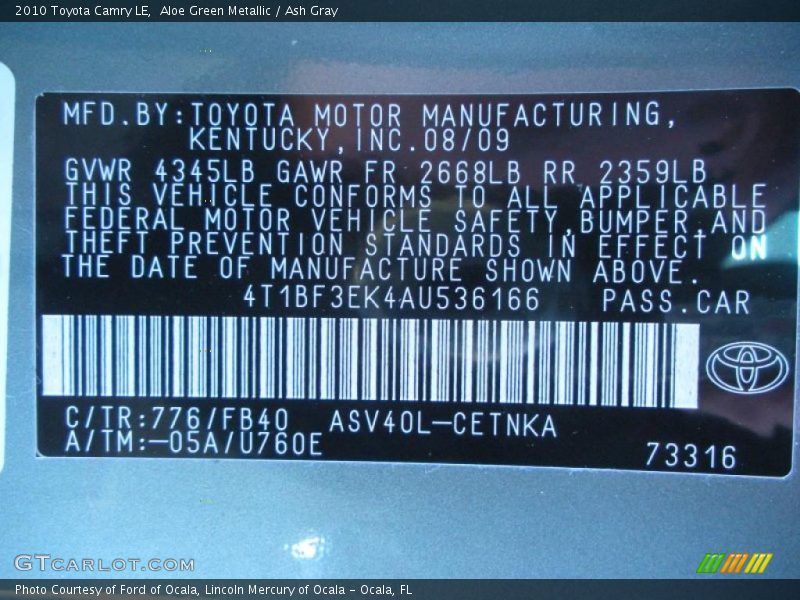 2010 Camry LE Aloe Green Metallic Color Code 776