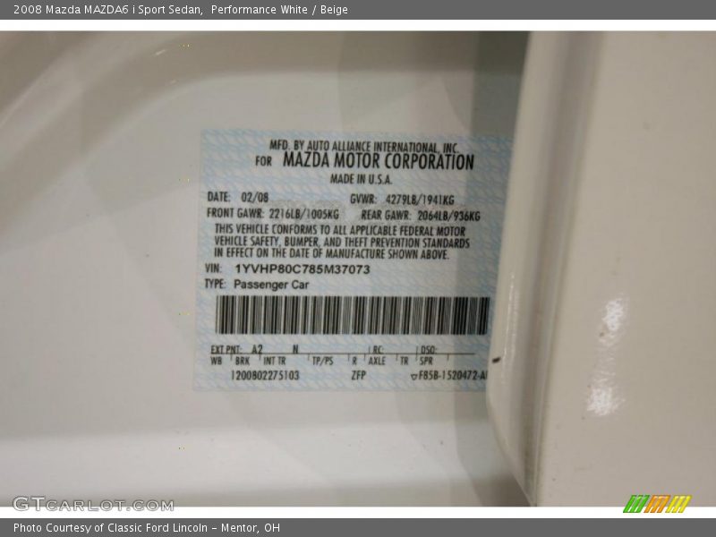 Performance White / Beige 2008 Mazda MAZDA6 i Sport Sedan
