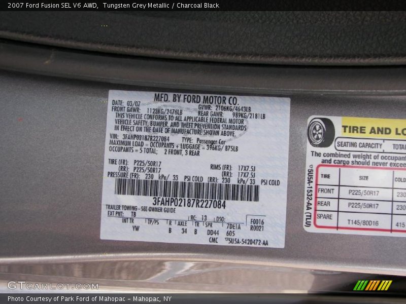 Tungsten Grey Metallic / Charcoal Black 2007 Ford Fusion SEL V6 AWD